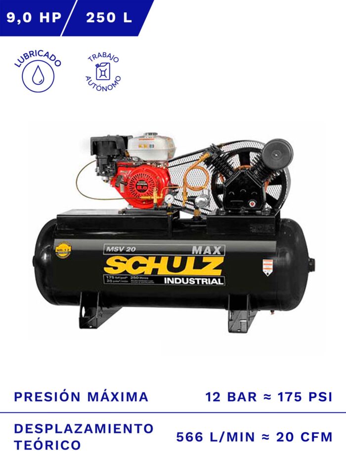 COMPRESOR AUTÓNOMO GASOLINA SCHULZ MSV-20MAX GX 9HP 250L 20CFM frente