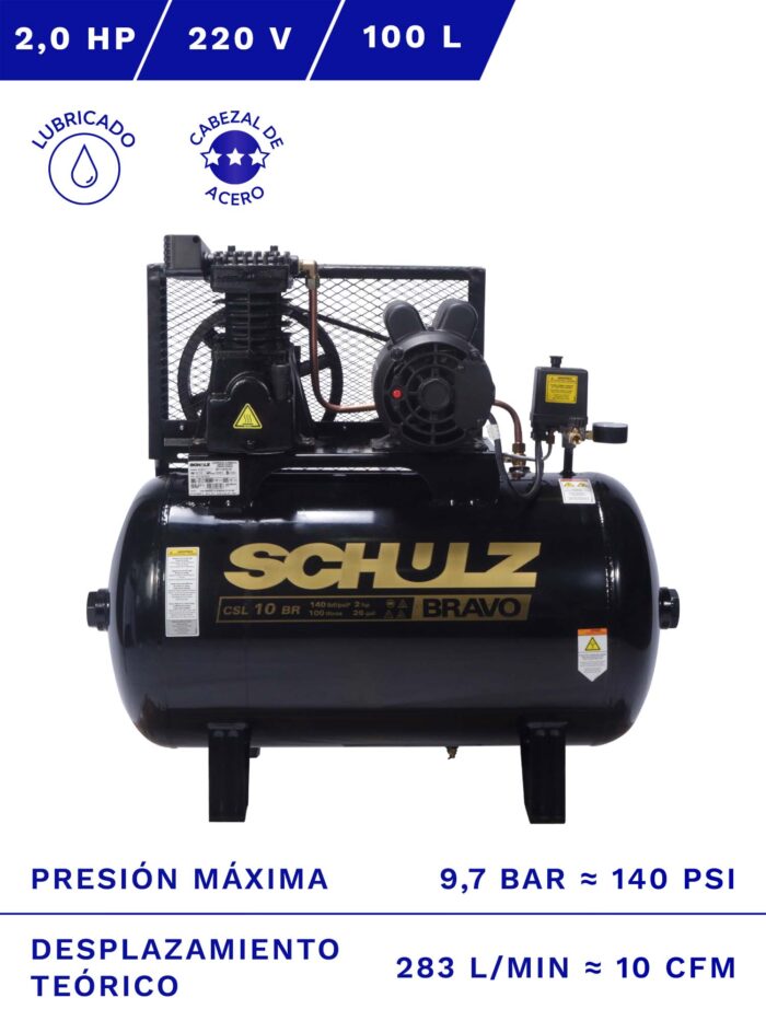 COMPRESOR DE AIRE SCHULZ CSL-10BR 2HP 100L 9.7BAR 10CFM frente