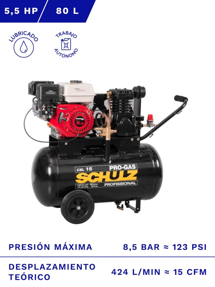 COMPRESOR AUTÓNOMO GASOLINA SCHULZ CSL-15 GX 80L 8.5BAR 15CFM frente