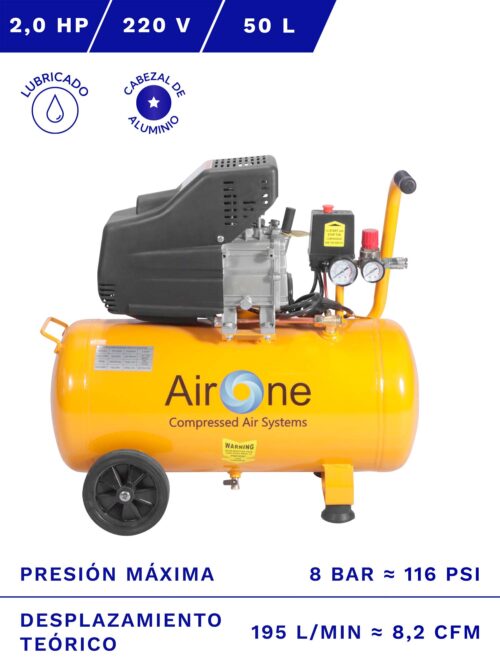 COMPRESOR DE AIRE AIRONE 2HP 50L 8BAR 8.2CFM FRENTE