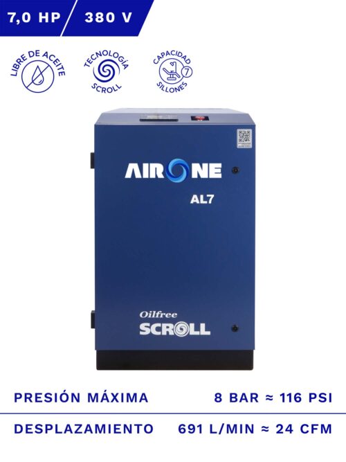 COMPRESOR SCROLL AIRONE LIBRE DE ACEITE 7HP 380VOLT 8.3BAR 24CFM. FRENTE