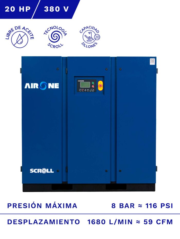 COMPRESOR SCROLL AIRONE LIBRE DE ACEITE 20HP 8BAR 59CFM FRENTE