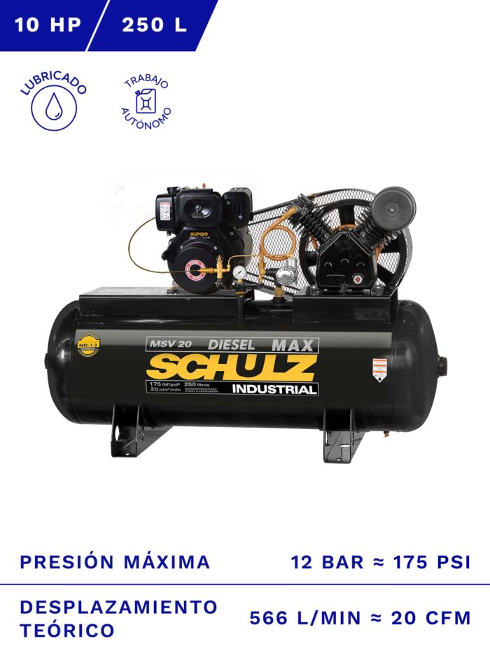 COMPRESOR AUTÓNOMO DIESEL SCHULZ MSV-20MAX D 10HP 250L 20CFM frente