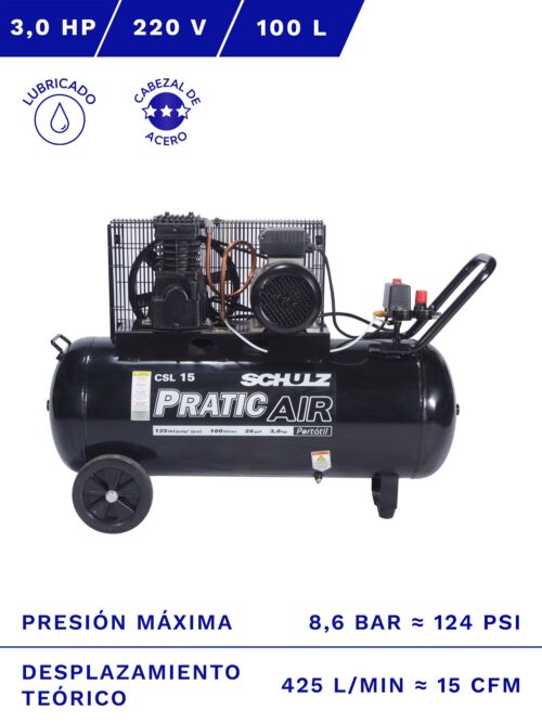COMPRESOR DE AIRE SCHULZ PRATIC CSL-15 3HP 100L 8.6BAR 15CFM frente