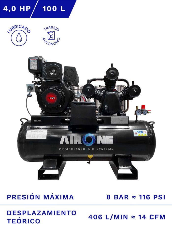 COMPRESOR AUTÓNOMO DIESEL AIRONE 4HP 100L 8BAR 14CFM frente