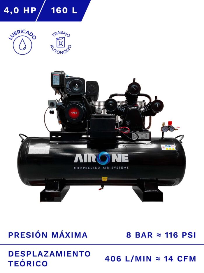 COMPRESOR AUTÓNOMO DIESEL AIRONE 4HP 160L 8BAR 14CFM FRENTE