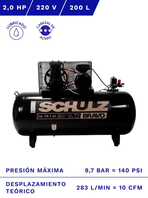 COMPRESOR DE AIRE SCHULZ CSL-10.1 2HP 200L 9.7BAR 10CFM frente