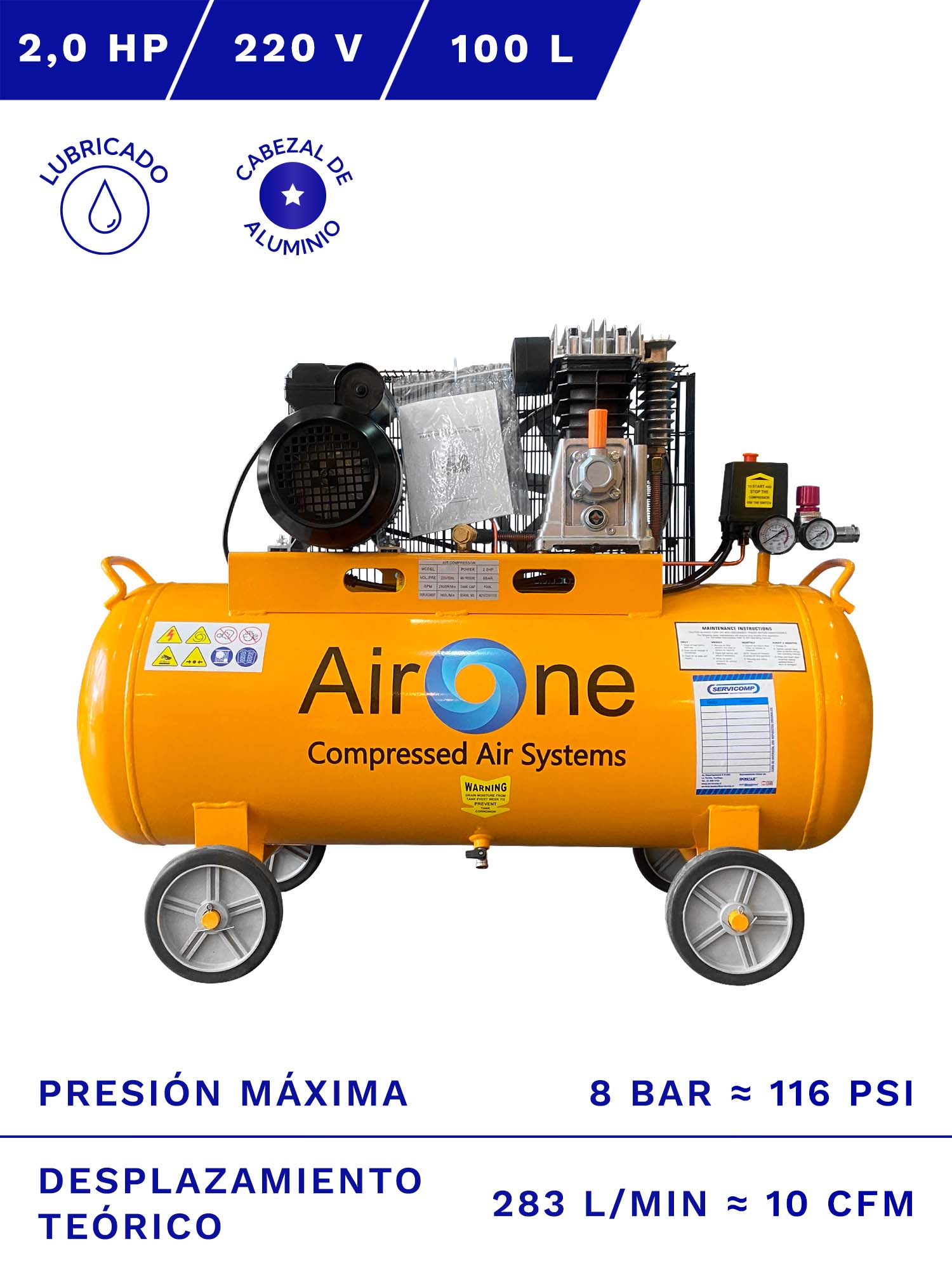 COMPRESOR DE AIRE AIRONE 2HP 100L 8BAR 10CFM C/RUEDAS » SERVICOMP