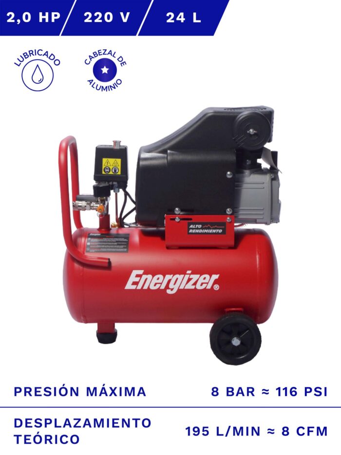 COMPRESOR DE AIRE ENERGIZER 2HP 24L 8BAR 8CFM