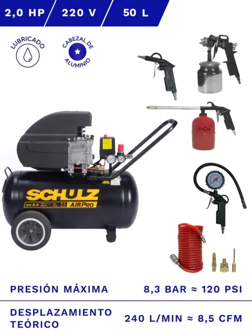 COMPRESOR DE AIRE SCHULZ MSI-8.5 2HP 50L CON KIT ACCESORIOS 8 PZS ABSORCIÓN