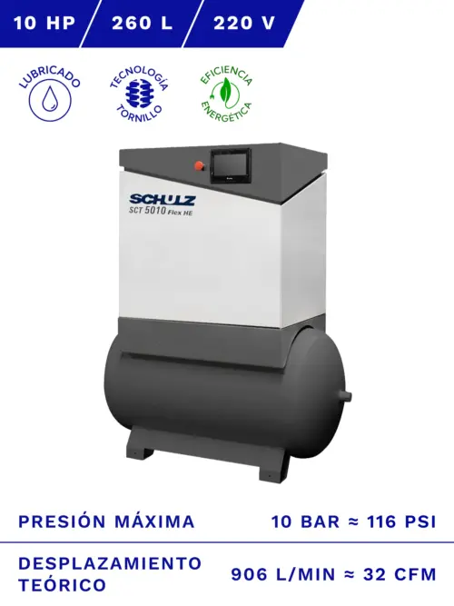 COMPRESOR DE TORNILLO SCHULZ 10HP SCT-5010 HE | MOTOR IE4 - 10 BAR - 260 LITROS