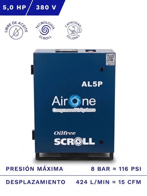 COMPRESOR SCROLL AIRONE LIBRE DE ACEITE 5HP 8BAR 15CFM